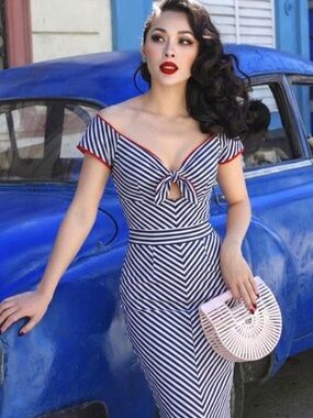 Le Palais Vintage Navy & White Striped Tie-Front Sheath Dress Red Trim Medium